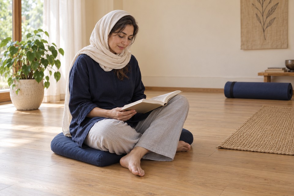 بانویی در حال مطالعه کتاب در فضای آرام یوگا