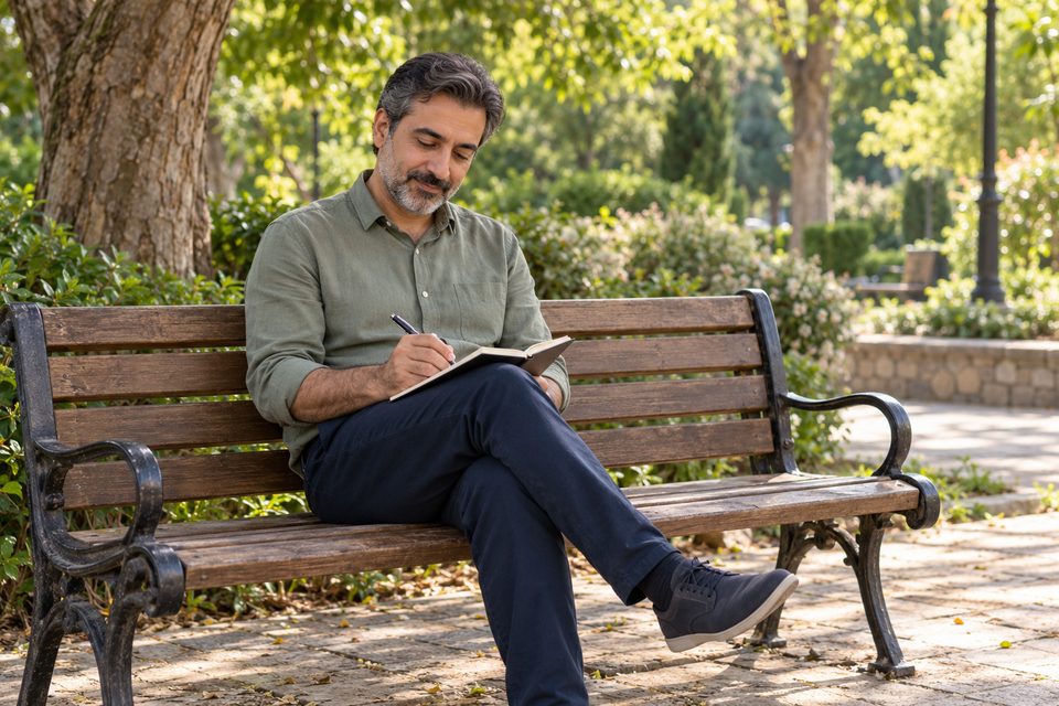 مردی روی نیمکت پارک مشغول نوشتن در دفترچه و تأمل درباره برنامه‌های شخصی