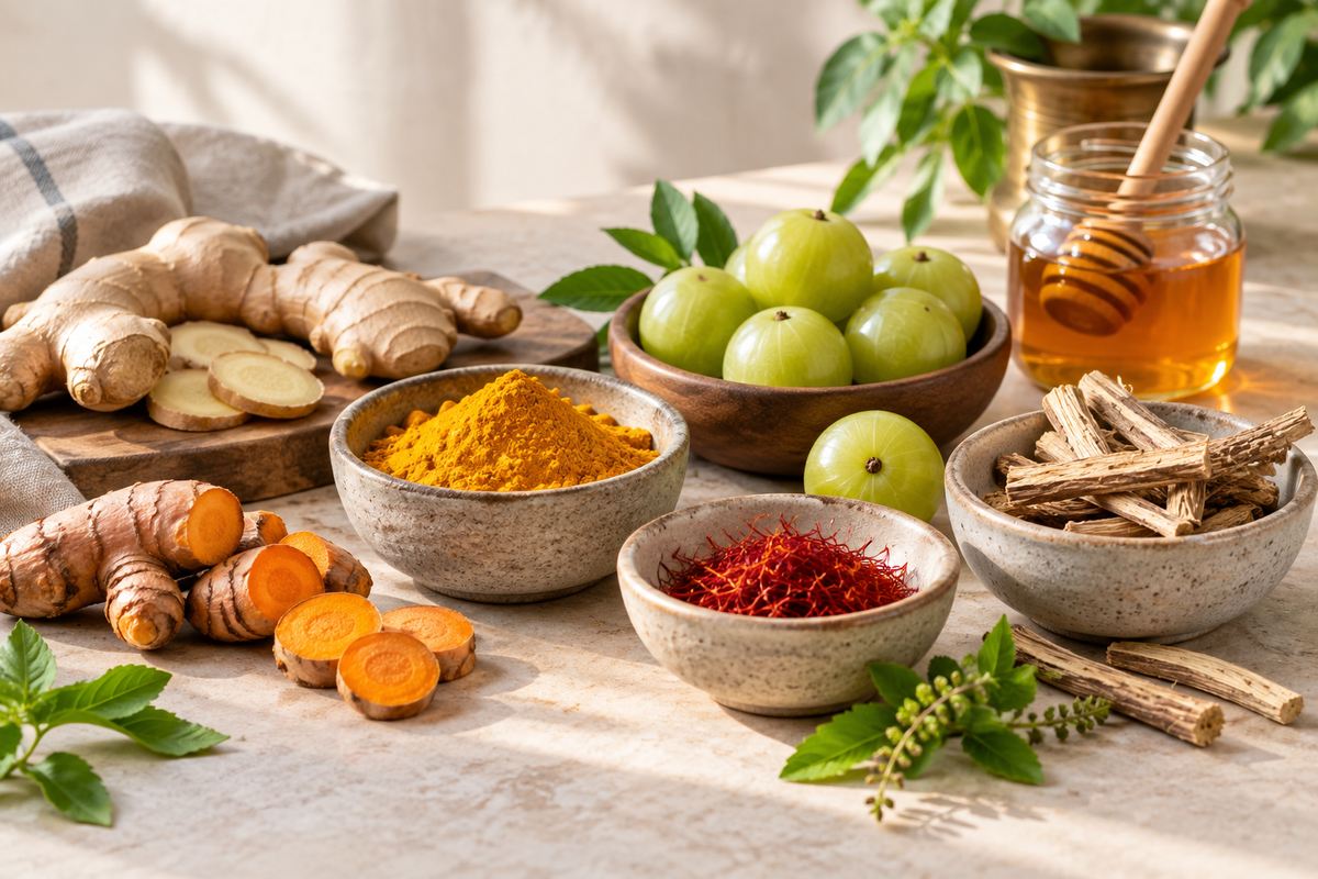 زنجبیل، زردچوبه، آمله، زعفران و شیرین‌بیان در طب سنتی آیورودا