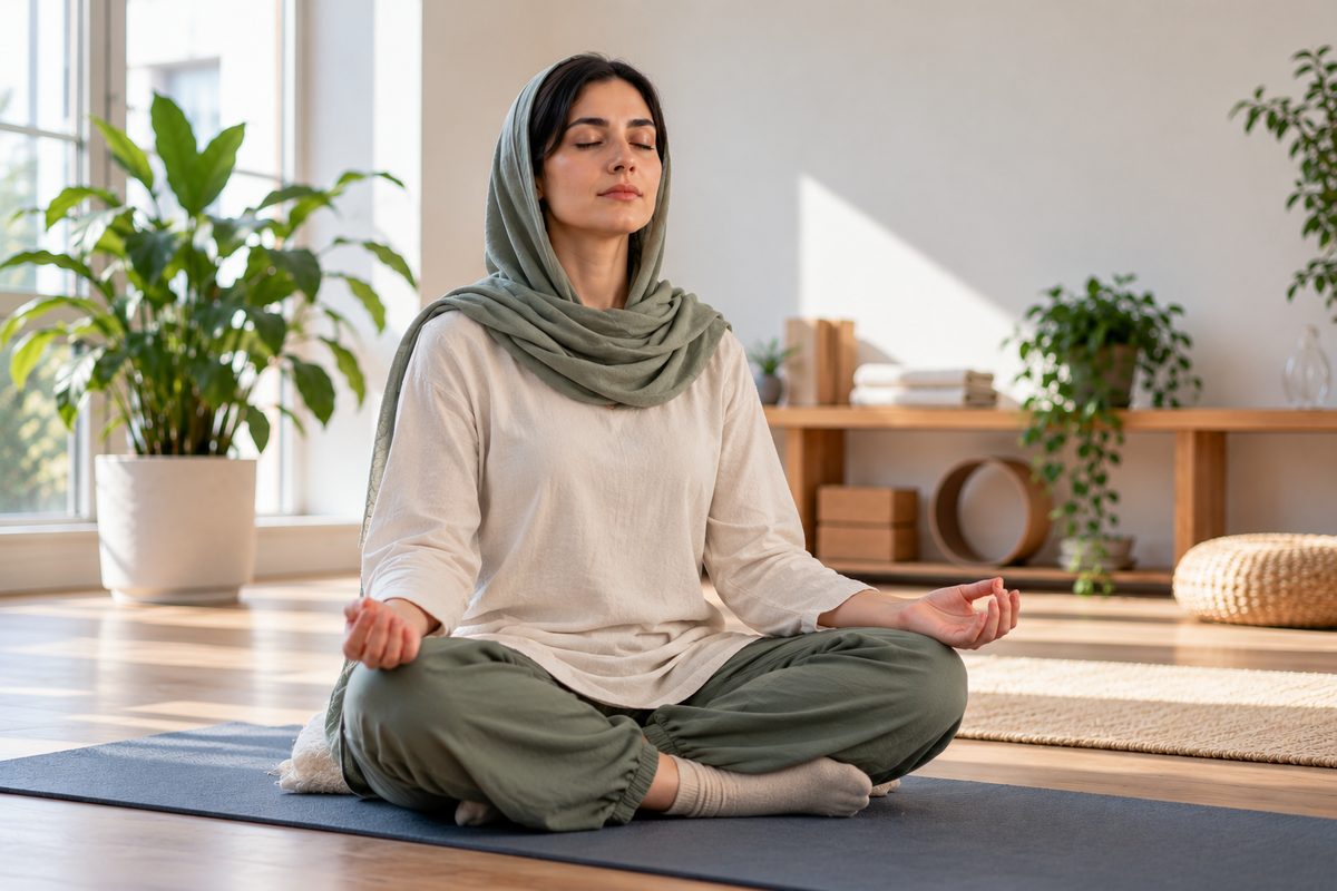 مراقبه نشسته و توجه به تنفس برای تمرین نمادین مرتبط با چاکرای تاج