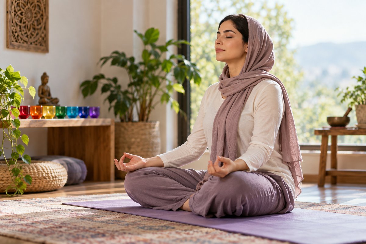 مراقبه آرام در فضای یوگا بدون نمایش چاکرا به‌عنوان ساختار بدن