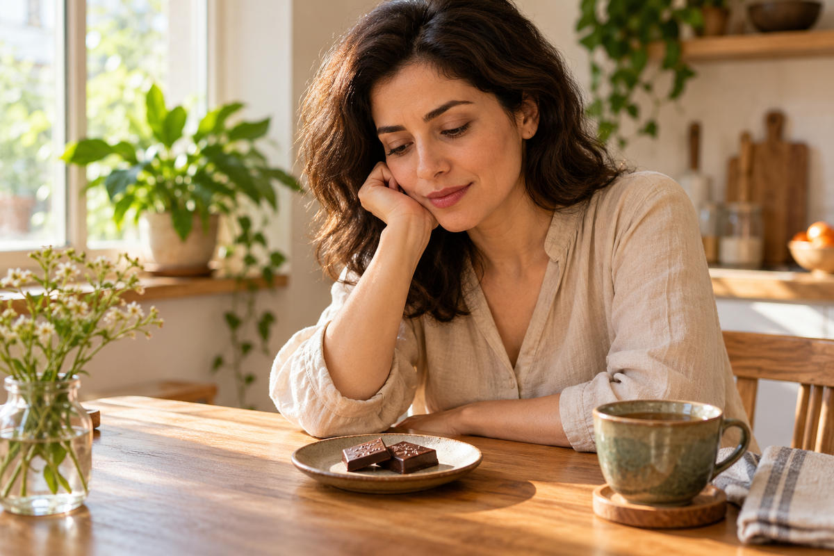 خانمی در حال اندیشیدن به خوردن شکلات در محیط آرام خانه؛ نمادی از میل هیجانی به شکلات