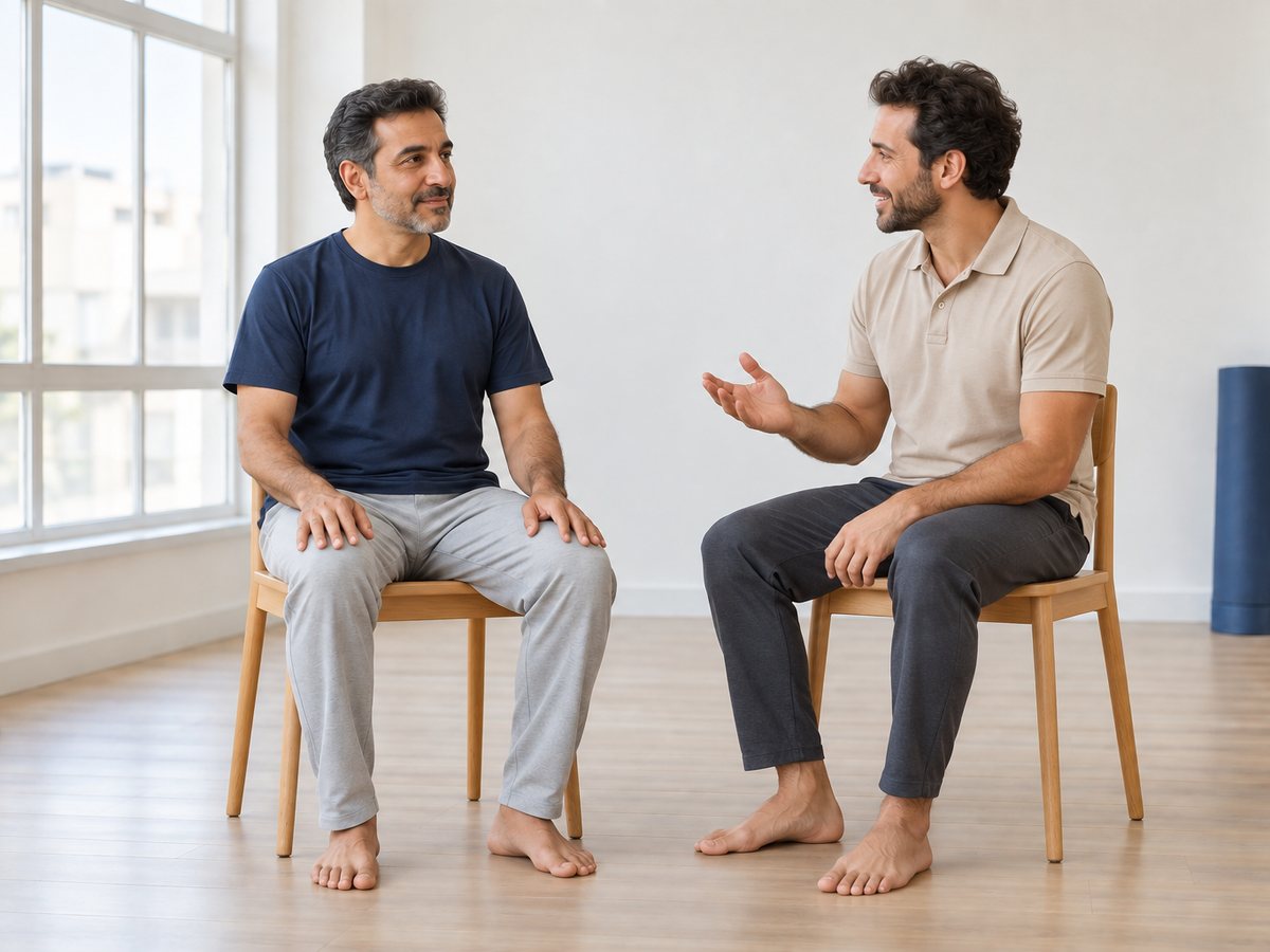 گفت‌وگوی شرکت‌کننده با مربی پیش از شروع کلاس یوگا