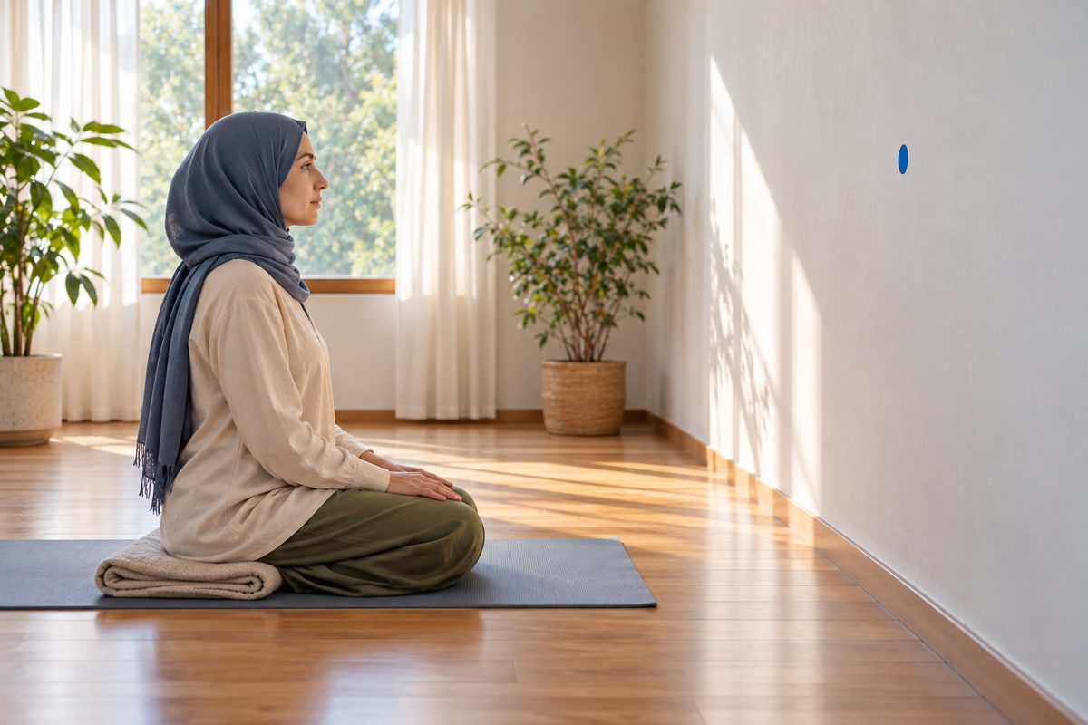 تمرین دهارانا با تمرکز آرام چشم‌ها روی یک نقطه ثابت روی دیوار