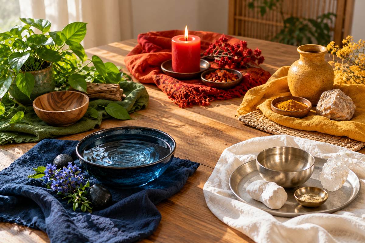 نمایش کاربردی رنگ‌های پنج عنصر فنگ‌شویی؛ چوب، آتش، خاک، فلز و آب