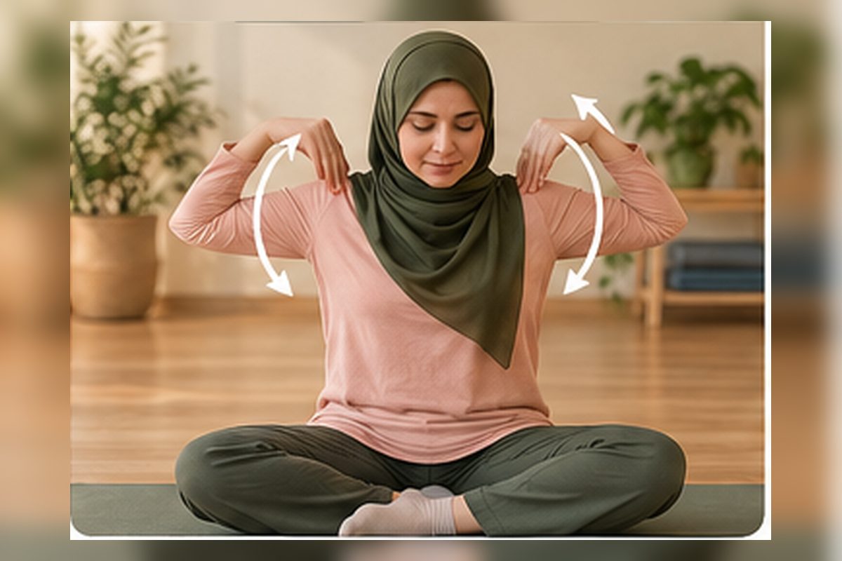 چرخش مفصل شانه با نوک انگشتان روی شانه و حرکت دایره‌ای آرنج‌ها
