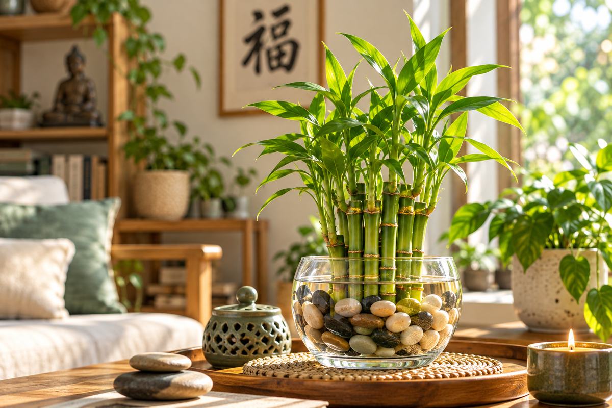 بامبوی خوش‌یمن در ظرف شیشه‌ای با سنگریزه و عناصر تزئینی سنتی فنگ‌شویی