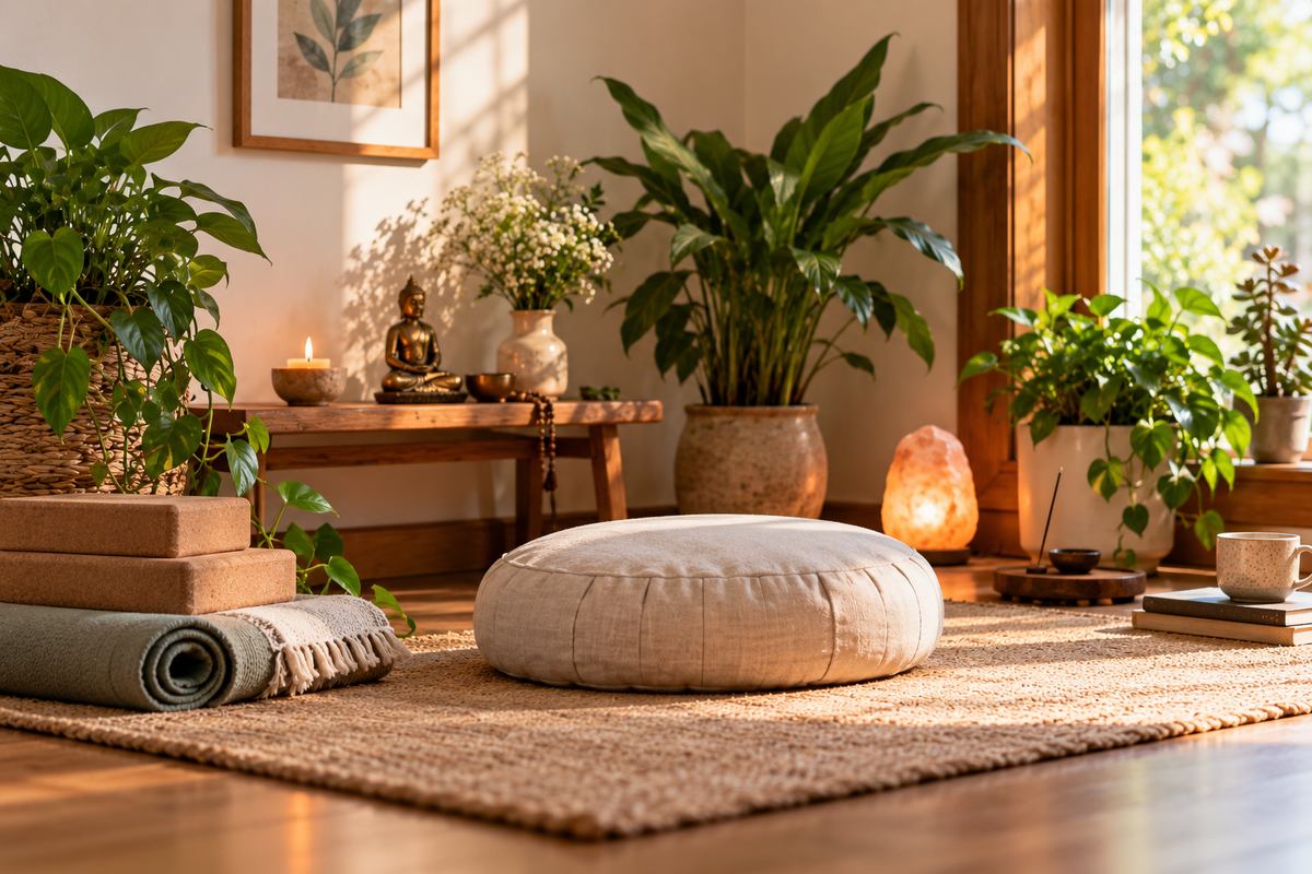 گوشه مراقبه با بالشتک و گیاهان طبیعی در اتاقی روشن