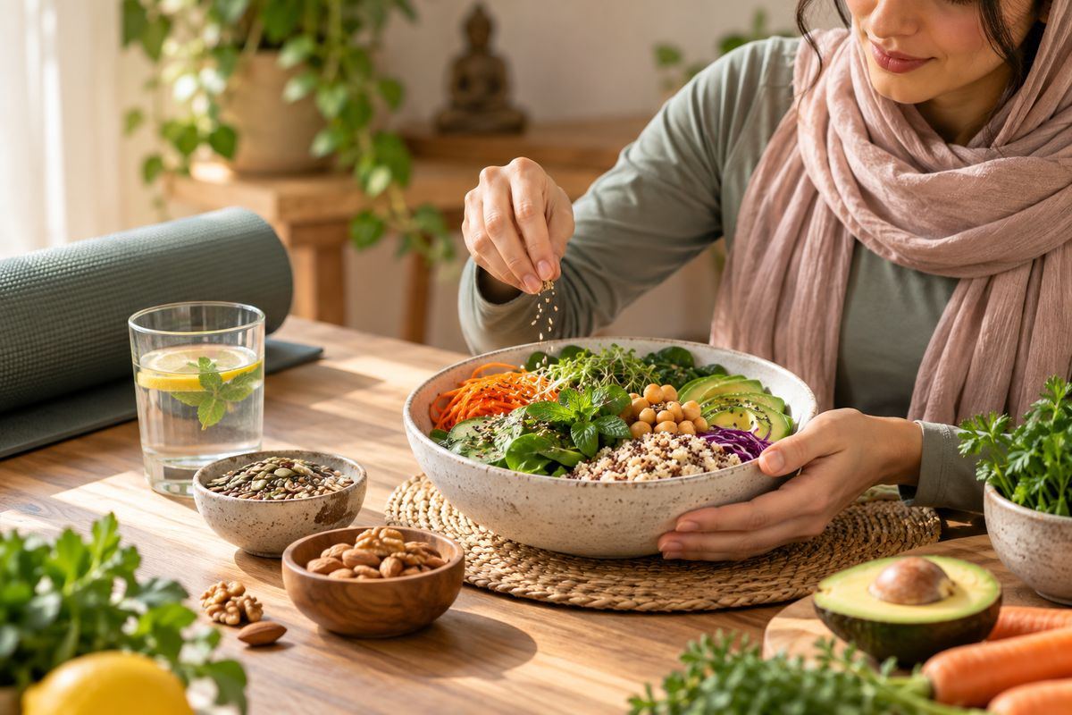 آماده‌سازی یک وعده غذای متعادل با سبزیجات و حبوبات در کنار تمرین یوگا