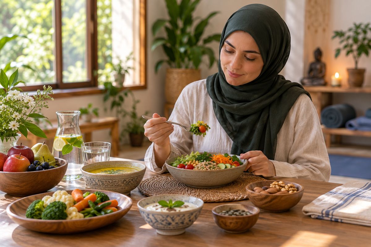 نمونه خوردن آگاهانه و متعادل یک وعده گیاه‌محور در سبک زندگی یوگا