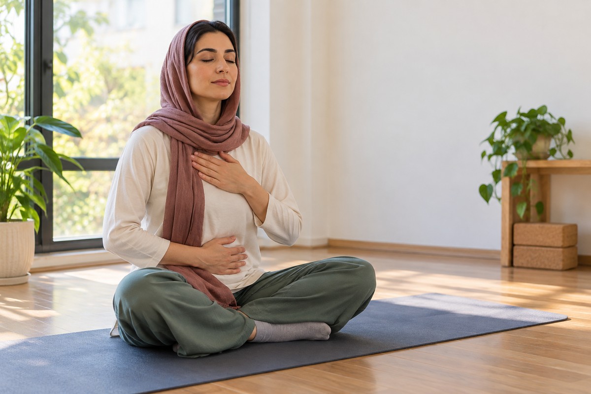 توجه آگاهانه به حرکت طبیعی تنفس در تمرین یوگا