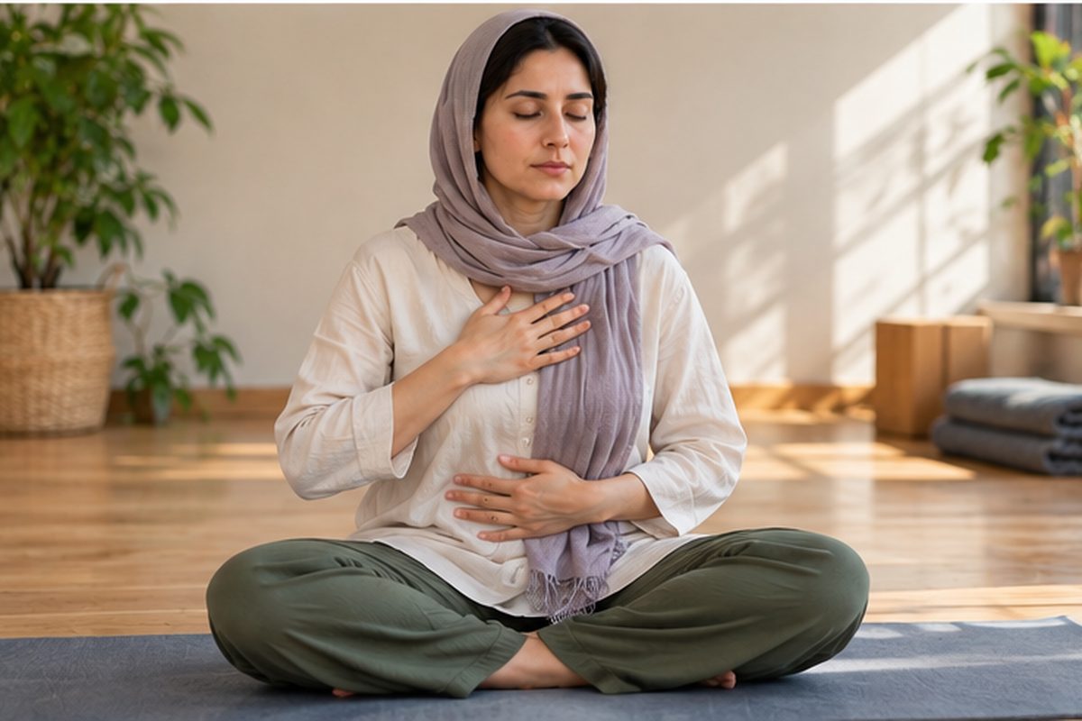 تمرین آرام تنفس دیافراگمی و توجه به دم و بازدم در پرانایاما